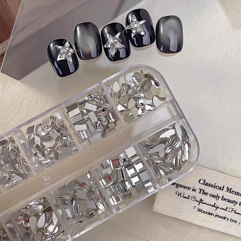KANIU 1 Box Shiny Clear Crystal Gems Nail Rhinestones Glass AB Flat-bottomed Mixed Fancy-shaped Diamonds Manicure Decorative Set