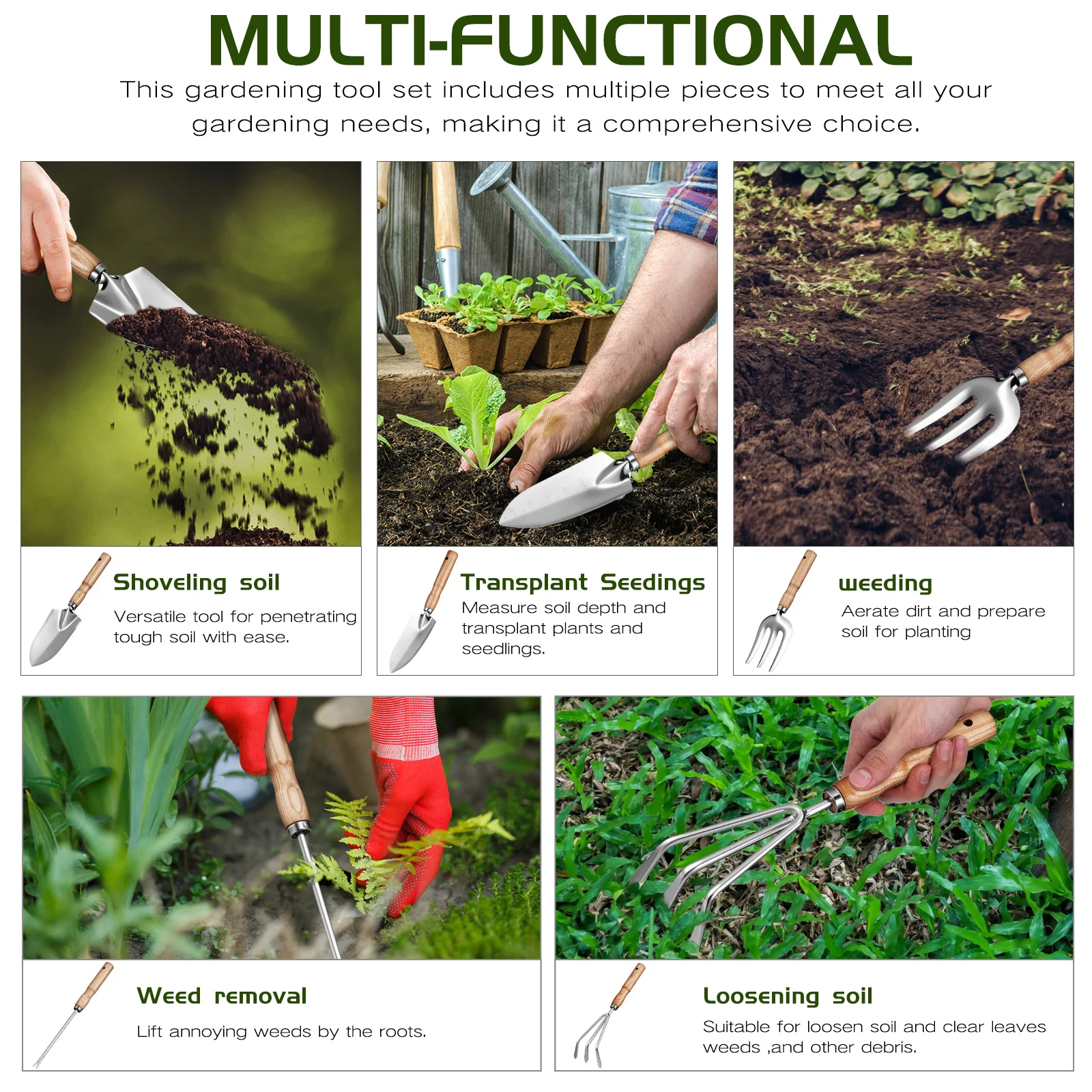 

Garden Tools Set Stylish Stainless Steel Multiple Tools Comfortable Grip Wooden Handles Gardening Gifts for Men Women