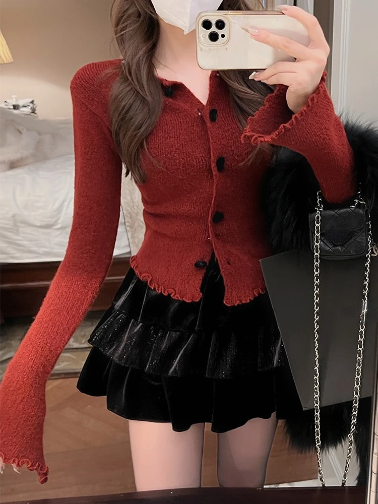 2023 Spring Red Knitted Cardigan Women Long Sleeve Slim Sweater Office Lady Outwear Y2k Crop Tops Female Korean Fashion Clothing