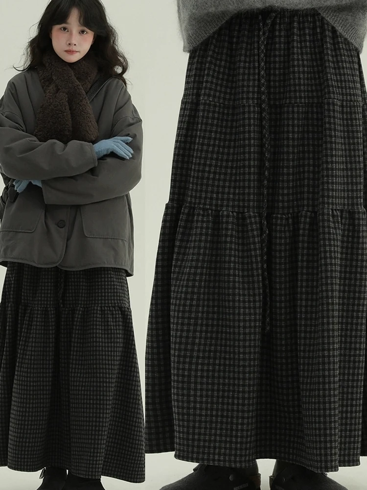 

Ретро-юбка А-силуэта в клетку для женщин, осенне-зимняя новинка, длинная многоярусная юбка-полусолнце, дышащая, с высокой талией, для фигуры типа «груша»