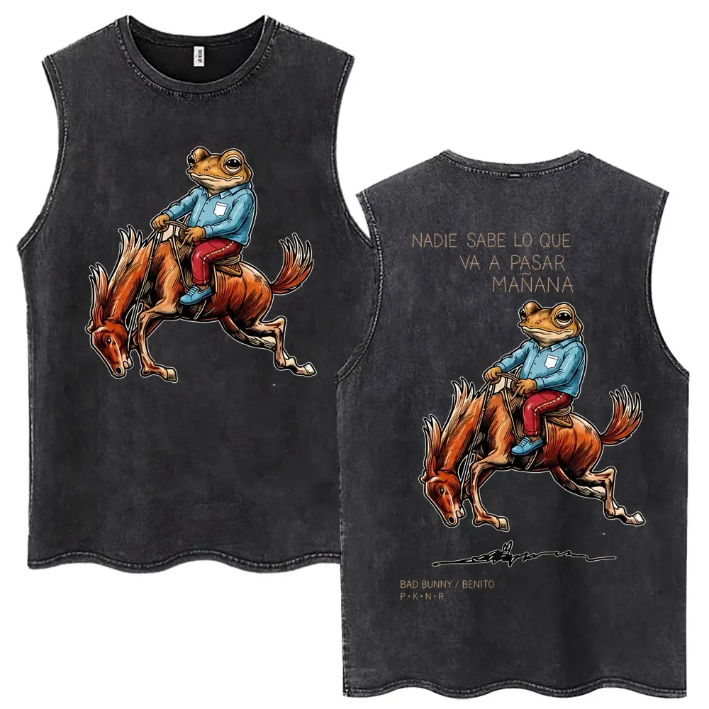 Bad Bunny Vintage Washed Tank Tops Debi Tirar Mas Fotos DTMF Summer Vests Men Women Hip Hop Oversized Cotton Sleeveless T Shirts