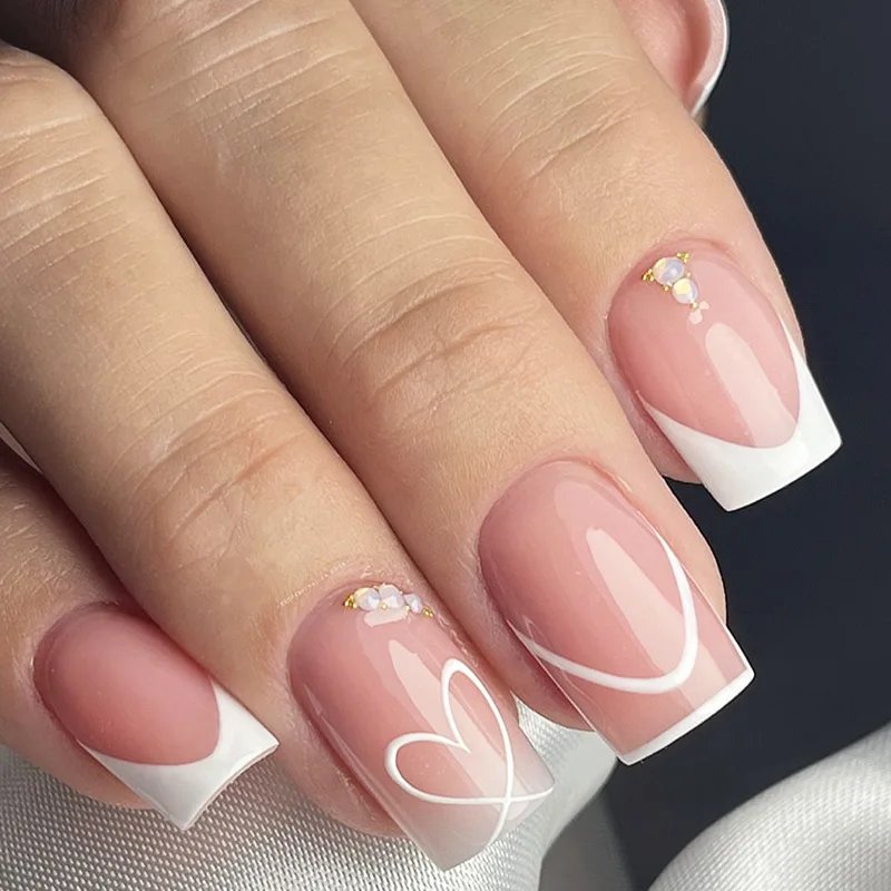 24Pc Square French Fake Nails with Heart Love Designs Glossy White Pink Press on Nails Full Cover False Nail for Valentine's Day