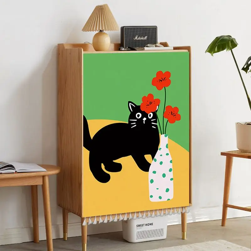 VIKAMA Abstract Closet Curtain Black Cat Flower Vase Print Cabinet Cover For Bedroom Kitchen Living Room Home Decor