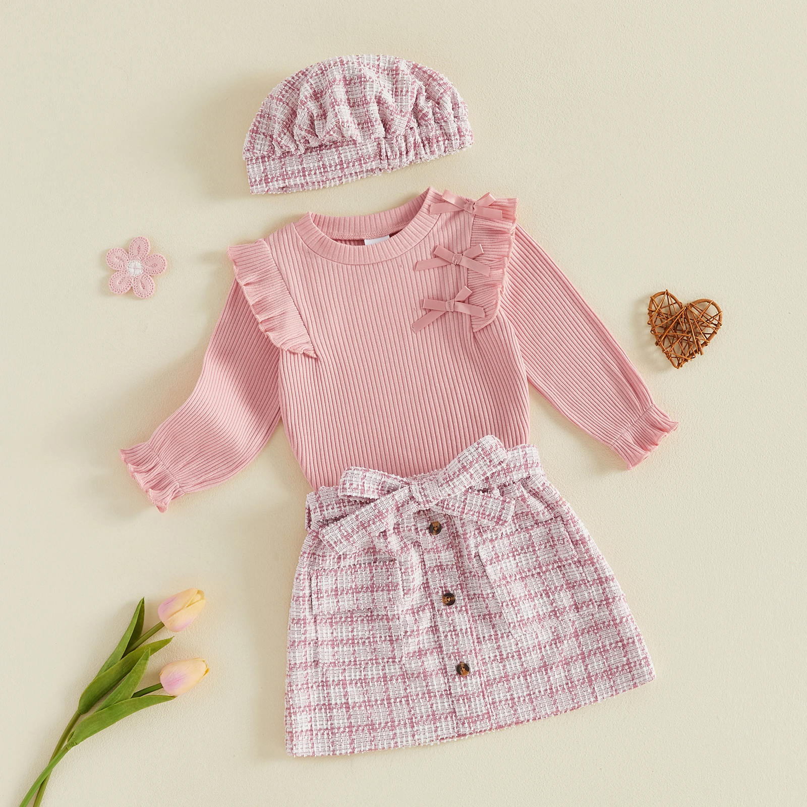 1-5Y Kids Girl Fall Outfit Long Sleeve Solid Color T Shirt Houndstooth Skirt Beret Hat Girls Clothing Set 3PCS