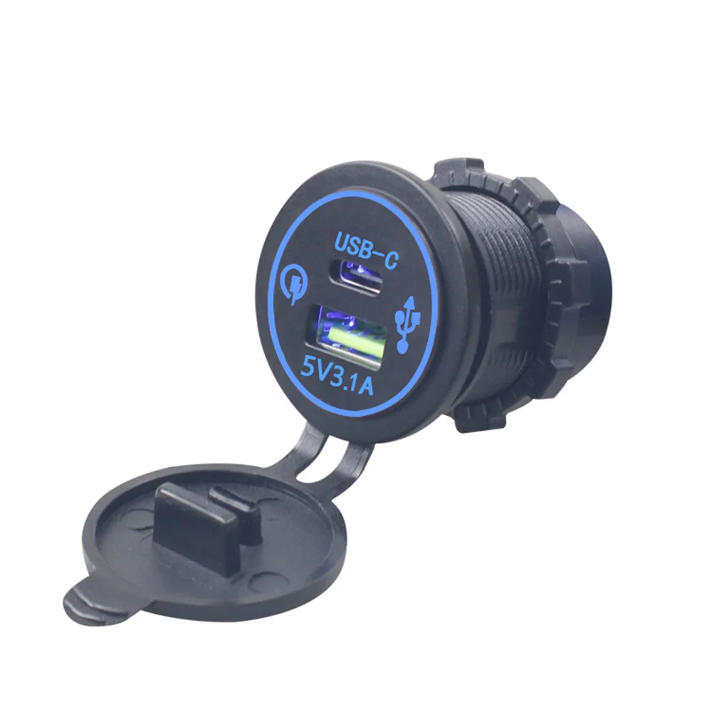 Universal 12V-24V Dual Port Fast Charge Car Phone Charger TYPE-C USB 5V 3.1A Blue Light Socket Car Charger Motorcycle Accessory