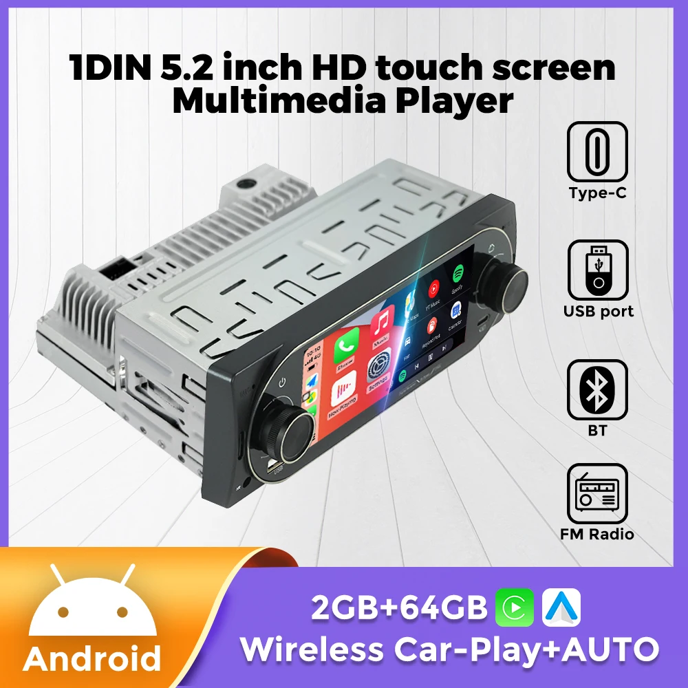 

5.2inch Android 13 1DIN Touch Screen Car Radio For Universal Autoradio Multimedia Video Player bt Wireless Carplay Android Auto