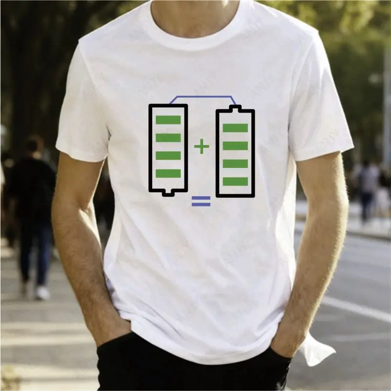 Fun Battery Parallel Printed T-shirt for Couples, Funny and Creative Combination of Power, Loose Short Sleeved Top
