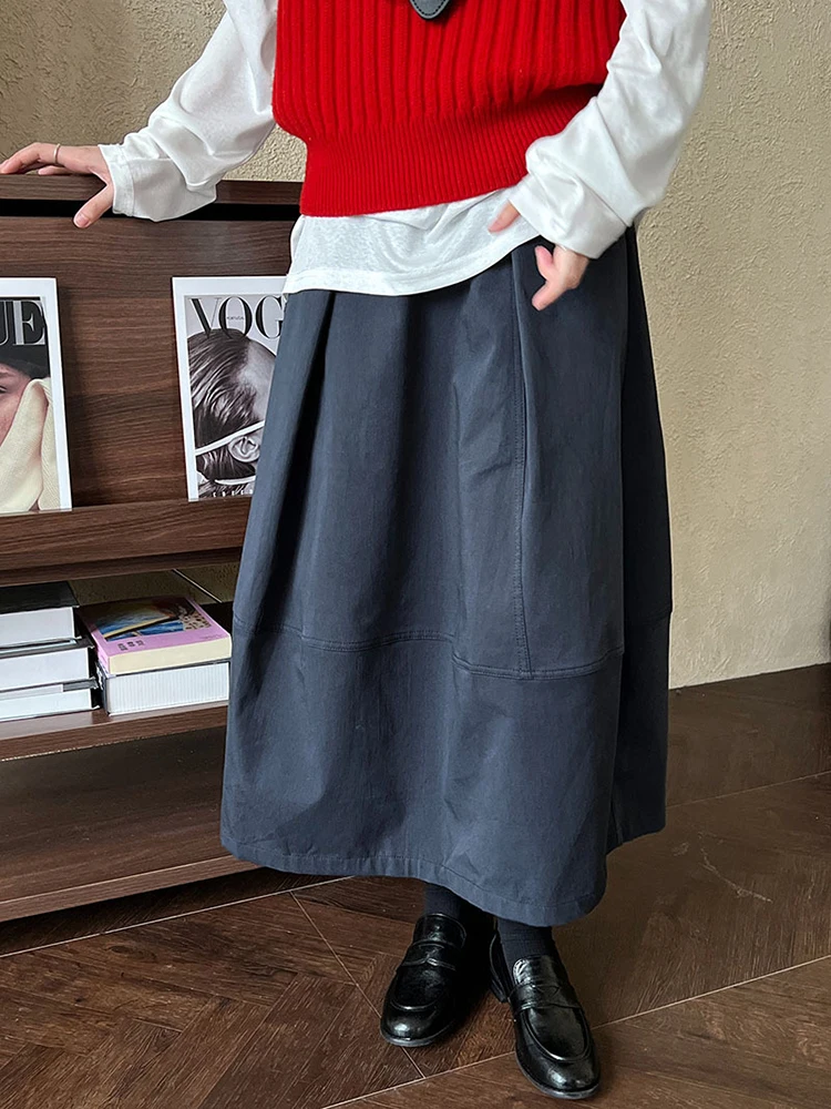 [EAM] High Waist Blue Pleated Shaped Elegant Midi A-line Half-body Skirt Women Fashion Tide New Spring Autumn 2024  1DH7673