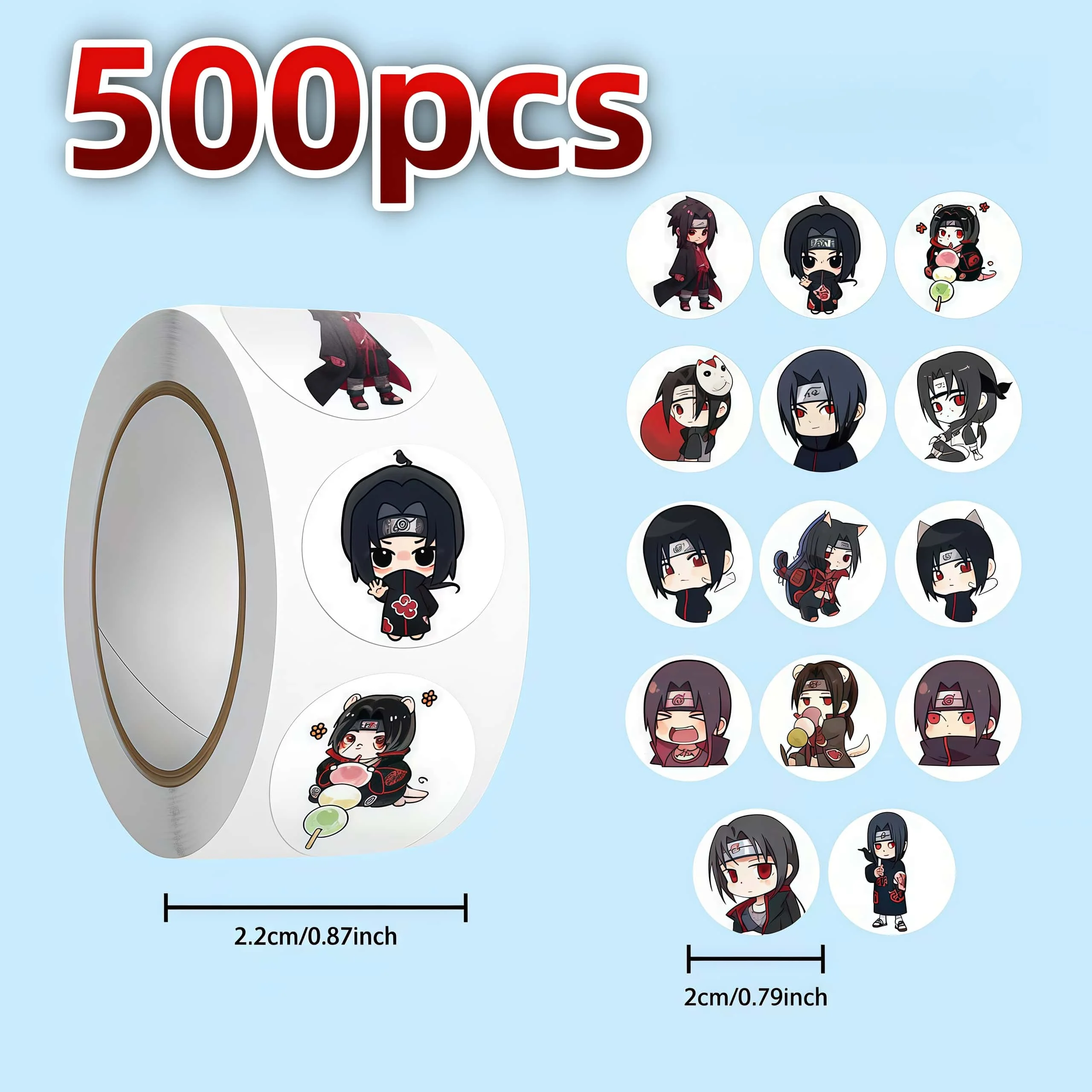 500Pcs Naruto Itachi Uchiha Chibi Sticker Roll, Cute Multi-Expression Anime Decals for DIY, Planner & Gift Decor