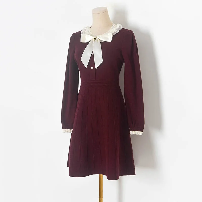 

Autumn Winter Dark Red Sweater Dress Women's Bows Lace Collar Round Neck Slim Long Sleeve Knitted A Line Dress