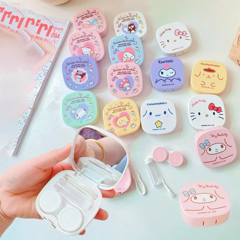 Kawaii Sanrio My Melody Cinnamonroll Kuromi Cartoon custodia per lenti a contatto occhi Kit da viaggio supporto contenitore contenitore scatola di