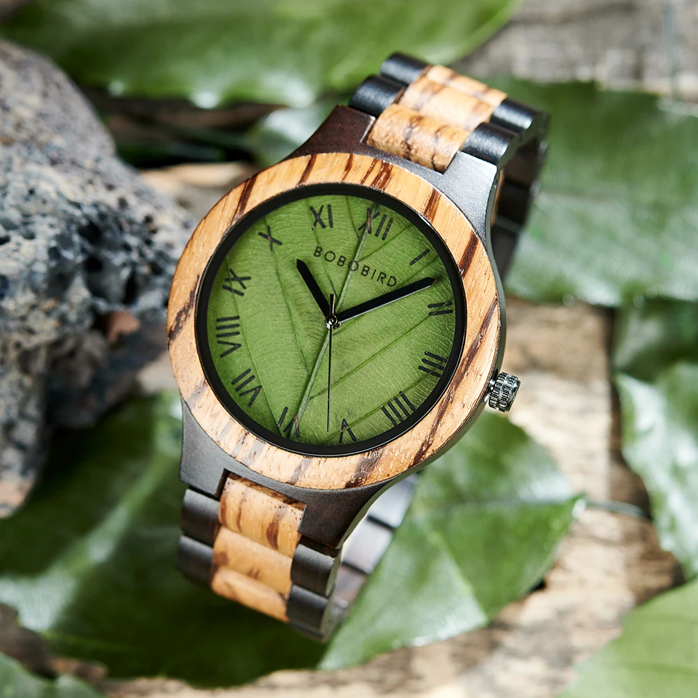 BOBO BIRD Men\'s Wood Watch with Genuine Leaf, Original Wooden Clock, Customized Watch, Handmade Watch, Anniversary Gift for Man