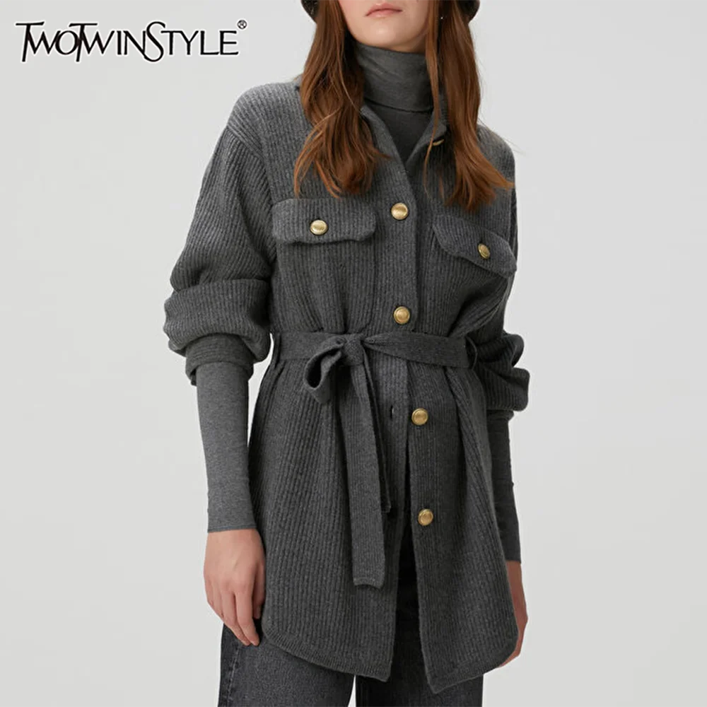 

TWOTWINSTYLE Solid Spliced Single Breasted Fashion Knit Jackets for Women Lapel Long Sleeves Patchwork Lace Up Jacket Female New