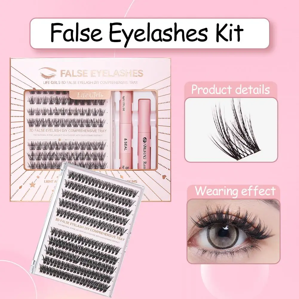 False Eyelash Kit DIY Grafting Single Cluster Dense Nature Lash Extension Kit Lashes Bond Glue & Remover Tweezer Lashes Eyelash