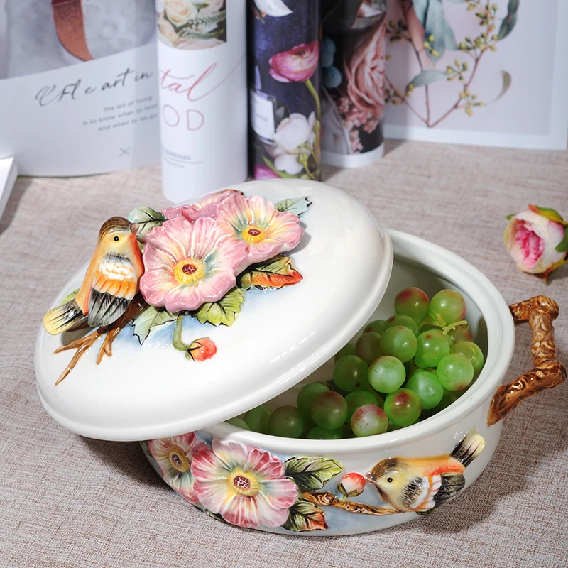 Danqing Flower Bird Ceramic Storage Jar Biscuit Jar Underglaze Colored Ceramic Candy Snack Jar Living Room Coffee Table Decor
