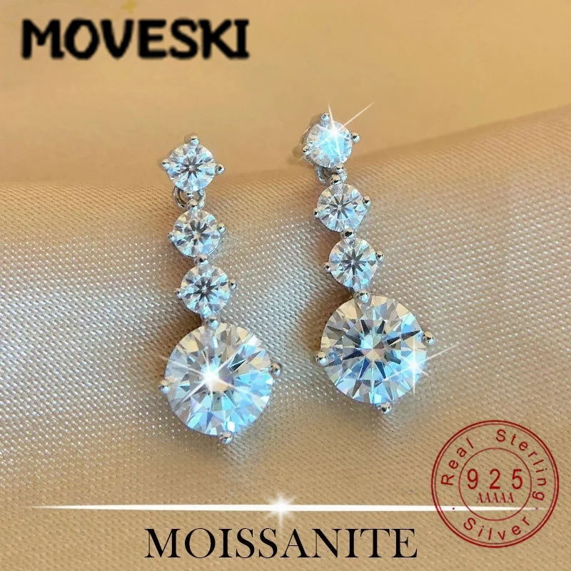 MOVESKI 925 Sterling Silver Moissanite Dangle Earrings | Graduated 4-Stone Drop Earrings for Women Wedding Bridal Jewelry