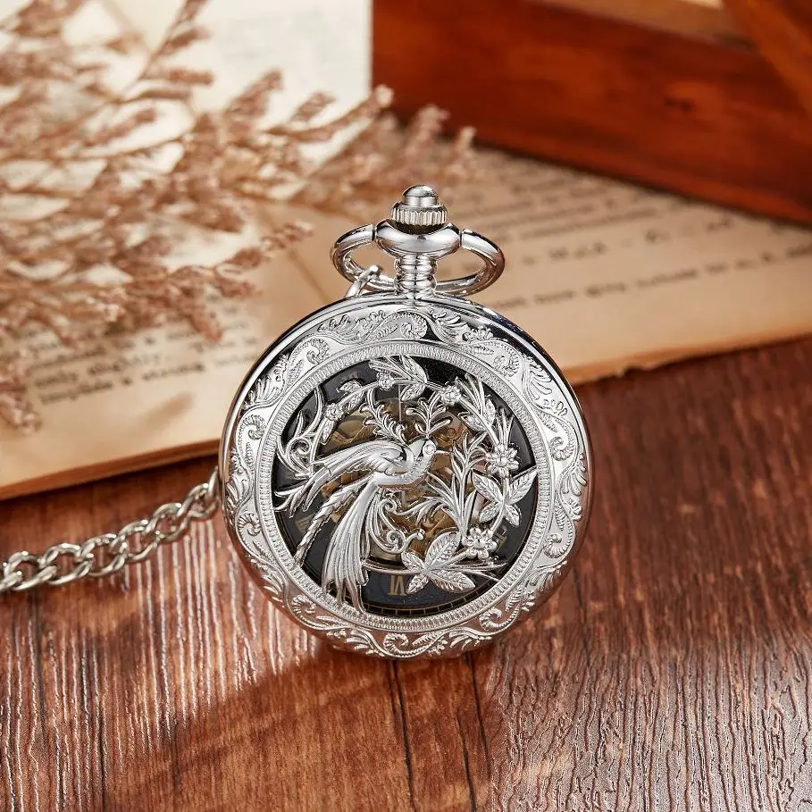 Exquisite Filigree Spiral Phoenix Antique Quartz Pocket Watch Retro Bronze Flying Bird Animal Necklace Chain Jewelry Gift Unisex