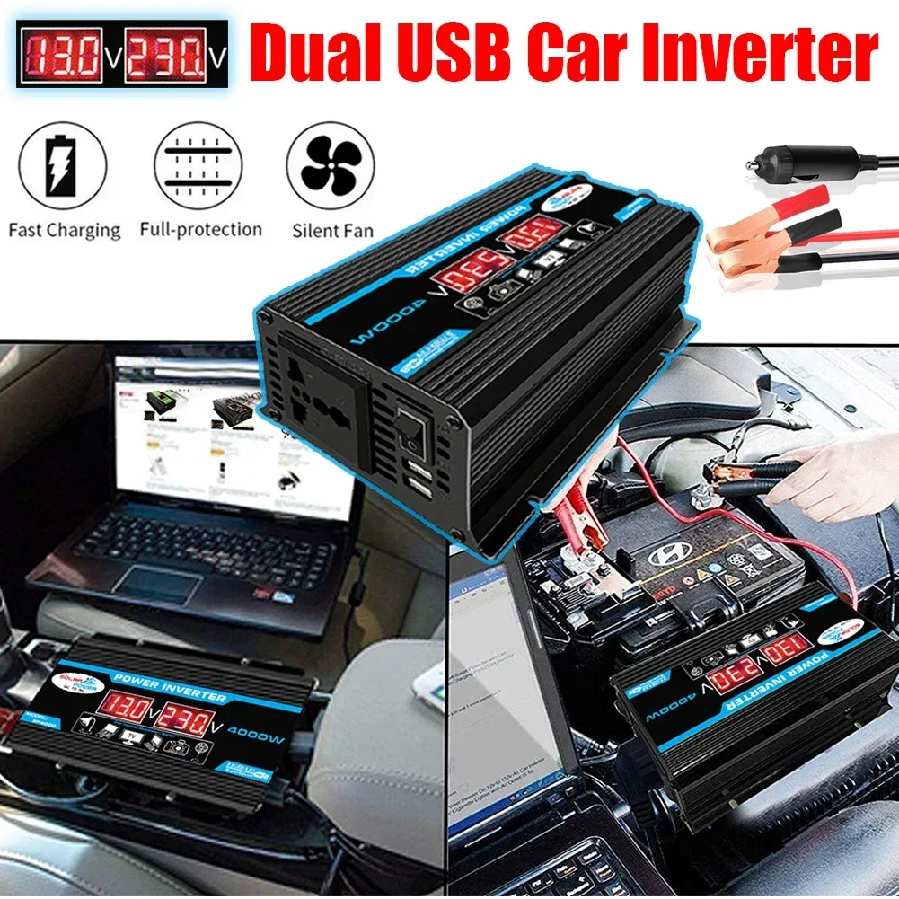 LCD Display Car Power Inverter Converter Charger 4000W 12V To 220V / 110V Dual USB Voltage Transformer Modified Sine Wave Car AC