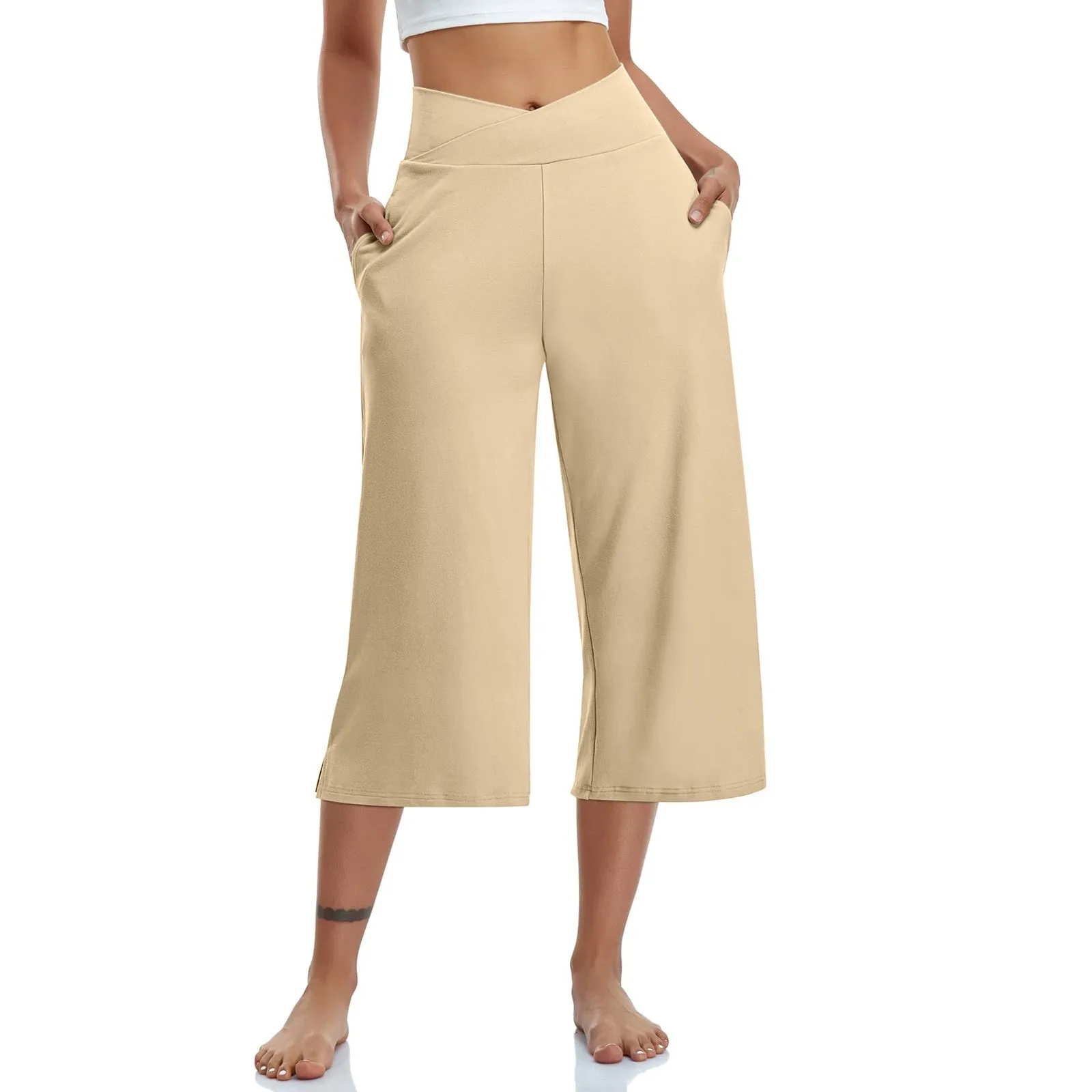 Women  Elastic High Waist 3/4 Pant Casual Active  Fit Wide Capris Leg Pants Trousers With Pockets Roupas Femininas Ropa Mujer