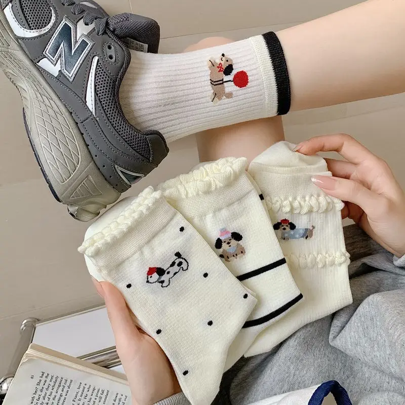 Polka Dot White Socks Women Spring Summer Thin Breathable Striped Middle Tube Socks Cartoon Dog Japanese Kawaii Cute Women Socks