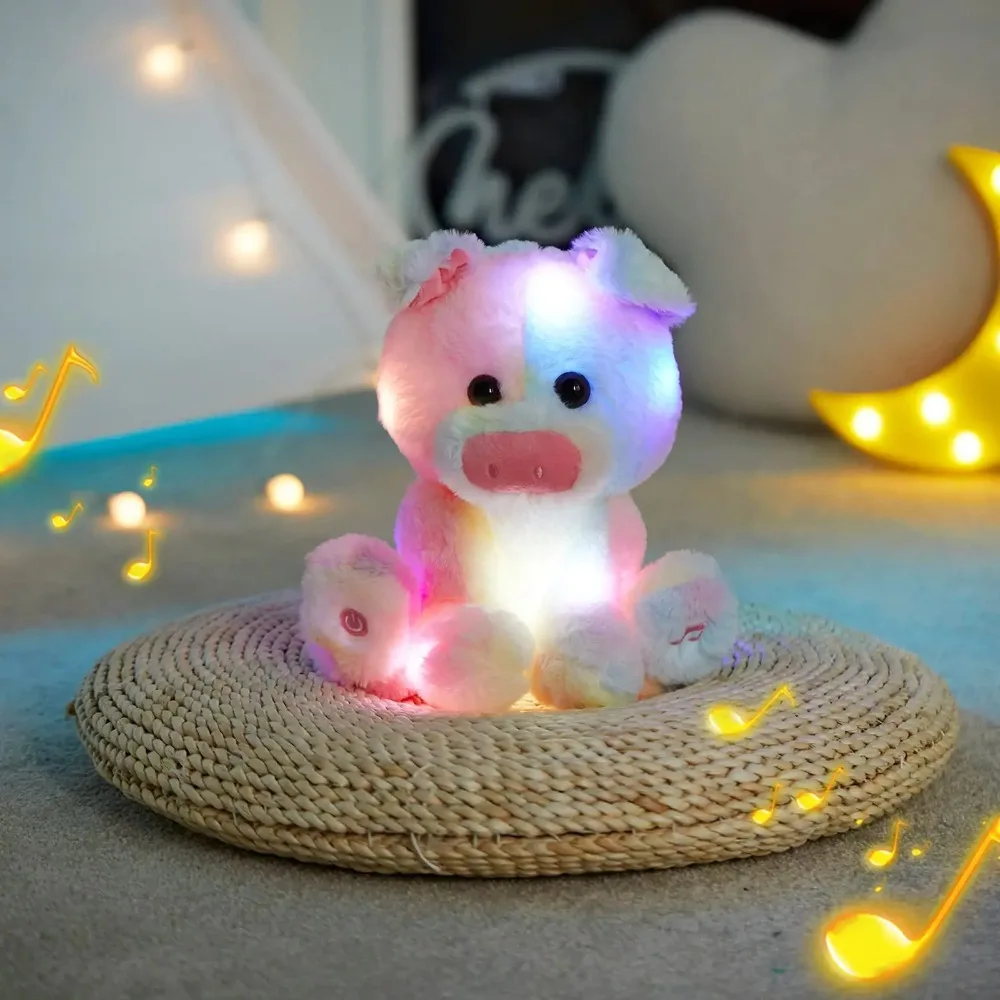 28cm Glowing Cute Pig Doll Toys Kawaii Stuffed Animals with LED Light Throw Pillows Pig Lullaby Colorful Toy for Girls Kids