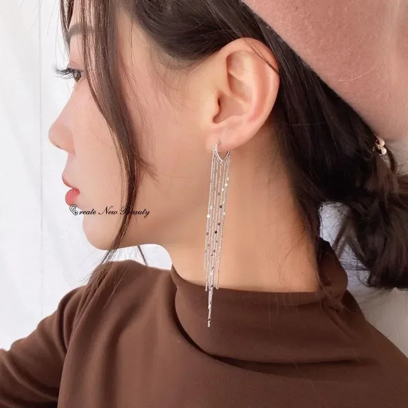 Long Tassel Drop Earrings for Women Shiny Full Rhinestone Dangle Earring Sweet Fashion Crystal Girl Wedding Party Jewelry Gifts