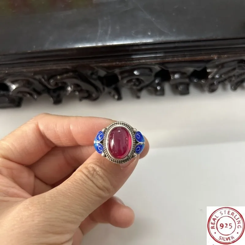

Ethnic Open Band Ring, Cloisonne Craft with Blue Star Ruby Inlay, Vintage Boho Design, Daily Fashion Decorative Ornament