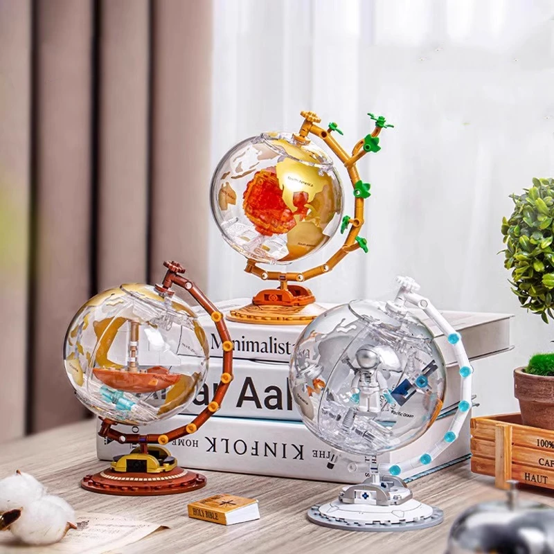 Globe building blocks astronaut assembly model revolving night light ornaments educational children's toys kawaii birthday gift