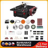 200W Mini Bench Saw and Belt Sander with Extension Rod, Collet, Grinding Carving Drilling Kit, Variable Speed Circular Table Saw