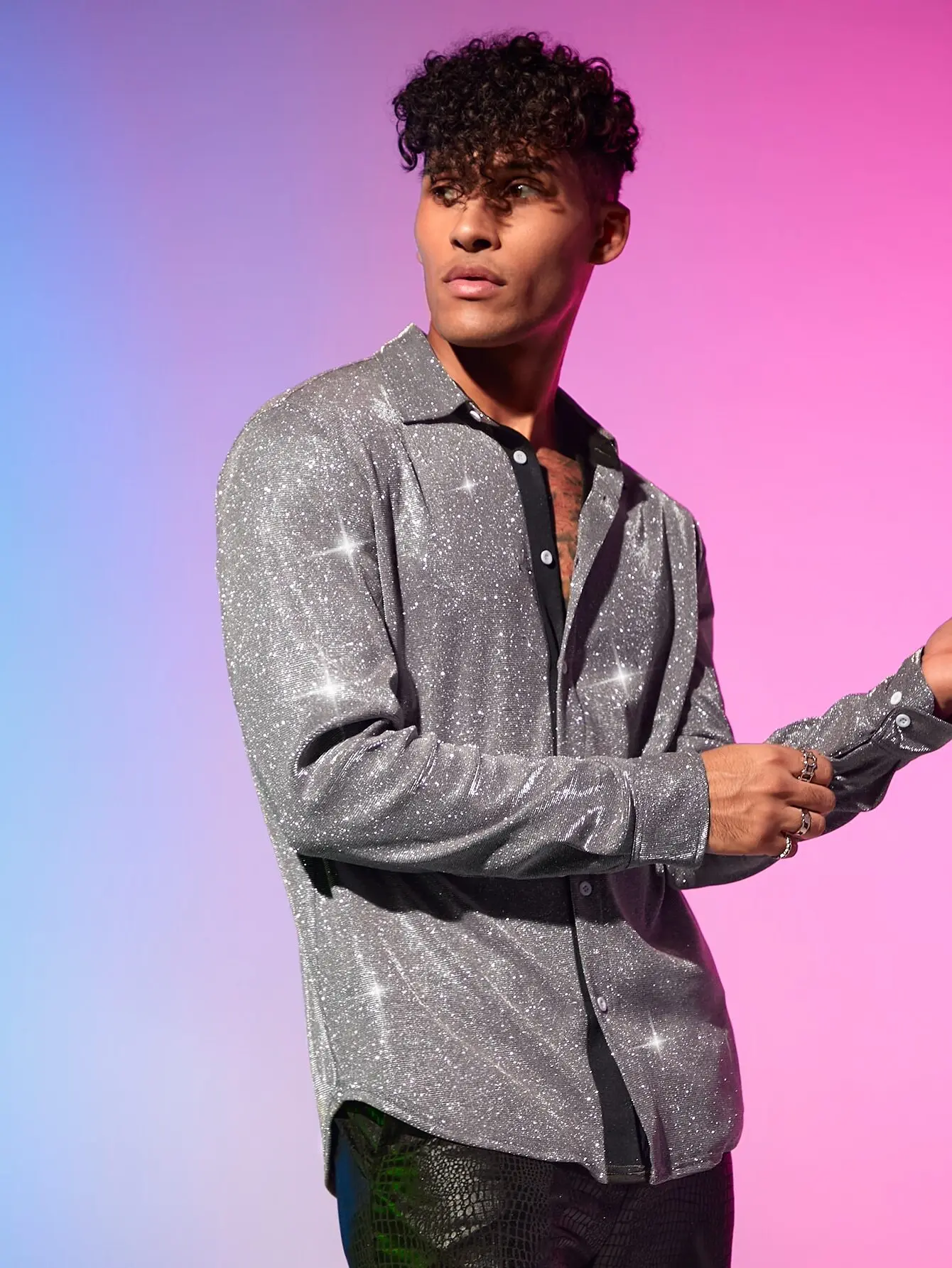 

Men's Silver Glitter Button-Front Long Sleeve Shirt for Party & Casual Wear