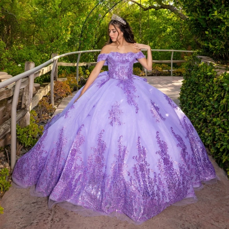 

Lavender Shiny Quinceanera Dresses Off The Shoulder Sequin Applique Lace Beading Bow Tull Corset Party Birthday Sweet 16 Dress