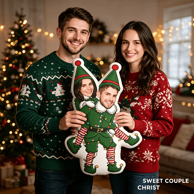 Personalized Photo DIY Custom Face Elf Pillow - Upload Your Own Picture Suitable for Home Decor, Christmas Gift, Couples with Ph