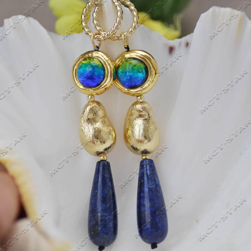 

Z14573 3'' 30mm Natural Blue Drop Lapis Lazuli Gourd Blue Murano Glass Dangle Earring