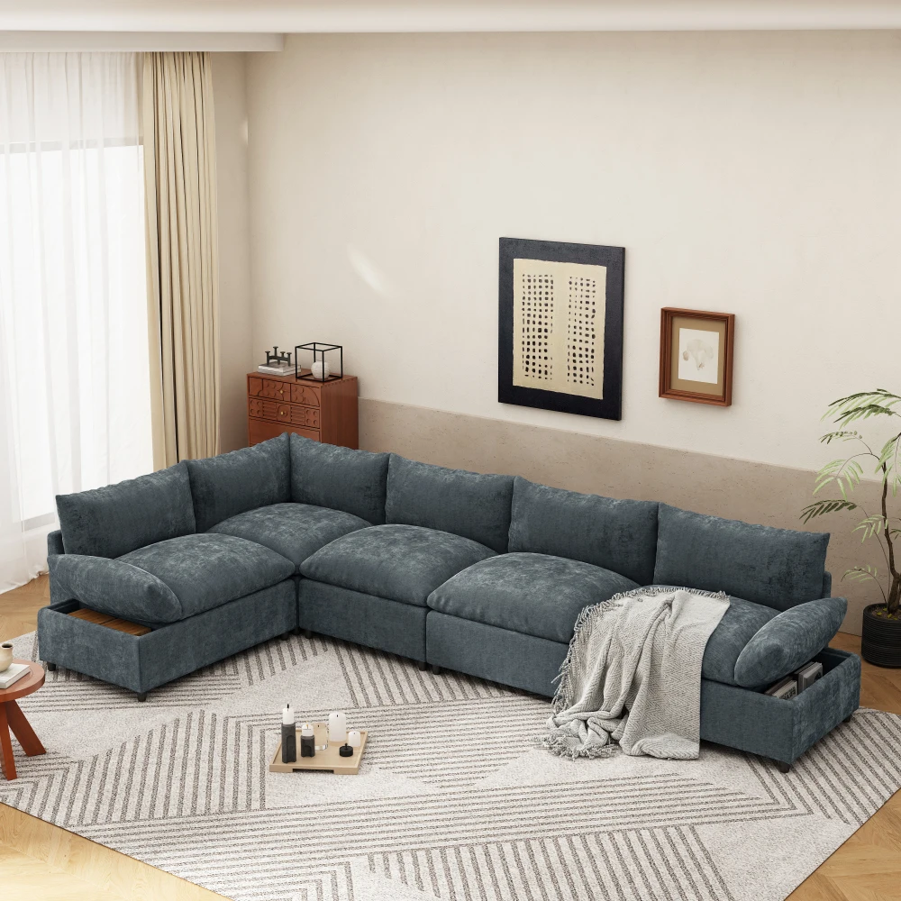 

115.5'' Modular Deep Gray Sectional Sofa: Polyester, Plush Cushions Hidden Storage, Versatile
