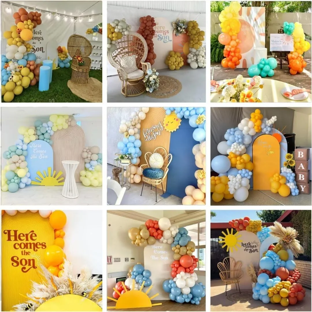 هنا يأتي The Son Theme غطاء خلفية مقوس باللون البيج قابل للتمدد مع حامل مقوس لدعائم عرض زينة استحمام الطفل