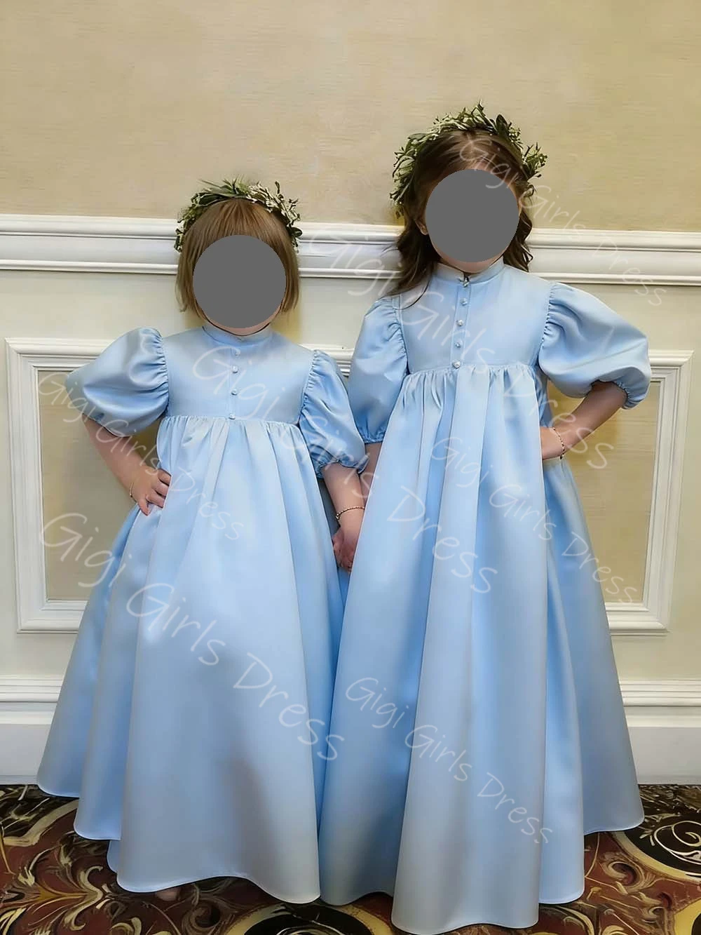 

Satin Draped Flower Girl Dress for Wedding Toddlers High Waist Puff Sleeves First Communion Dress Customized Birthday Party Gown