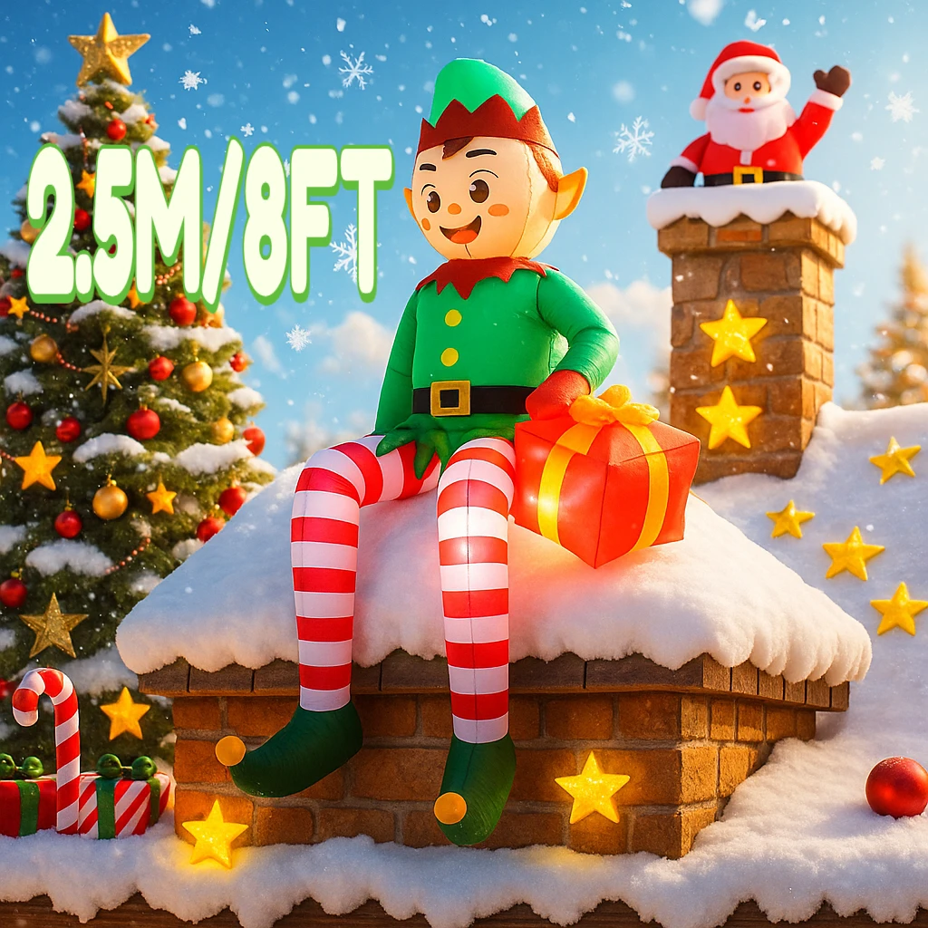 8FT Weihnachten aufblasbare Urlaub DIY Dekoration sitzende Elfe hält Geschenktüte Blow Up Dekor mit LED-Licht Weihnachten Outdoor-Spielzeug