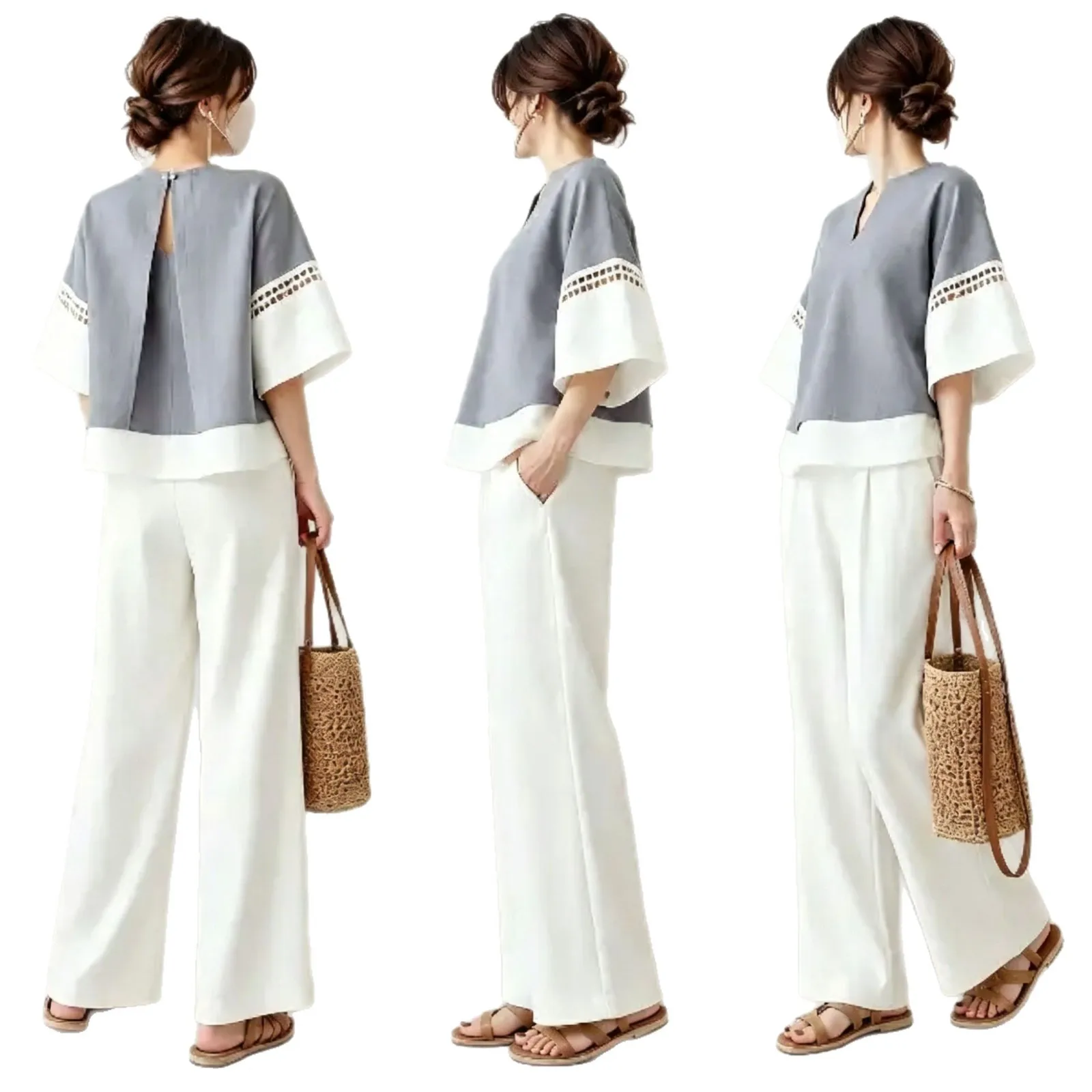 2026 New Two-piece Set: V-neck Color-block Hollow Out 5/4 Sleeve Top And Wide-leg Trousers Birthday Dress Midi Robe Vestidos - view 5