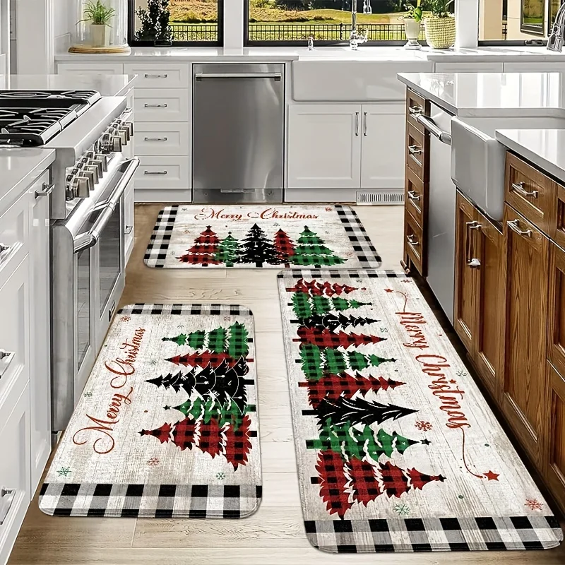 Vintage Christmas Kitchen Mat, Tree Wood Buffalo Plaid Flannel Non-Slip Rug with Sponge for Multi-Room Decor