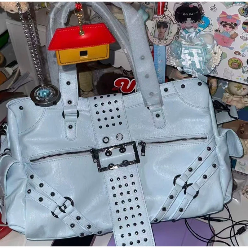Y2k Nieten-Gürtelschnallen-Handtasche, Damen Motorrad Biker Punk-Stil Metall-Nieten-Schultertasche, Koreanische Y2k Mädchen Reißverschluss-Tragetasche – Detail 7