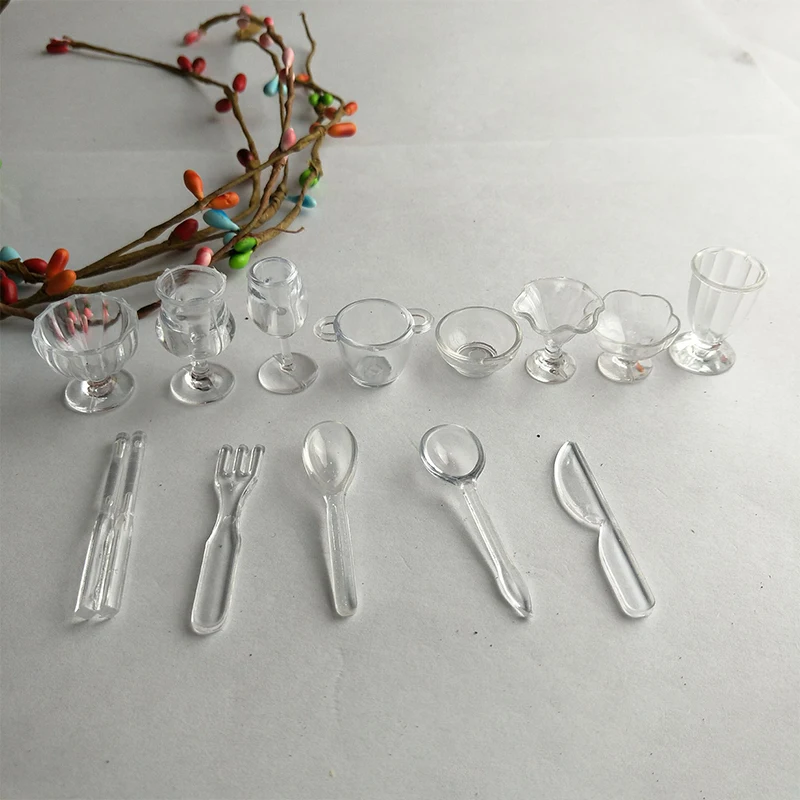 13 pçs/set mini transparente utensílios de cozinha brinquedo copos prato talheres miniaturas diy fingir jogar mini copo plástico brinquedo