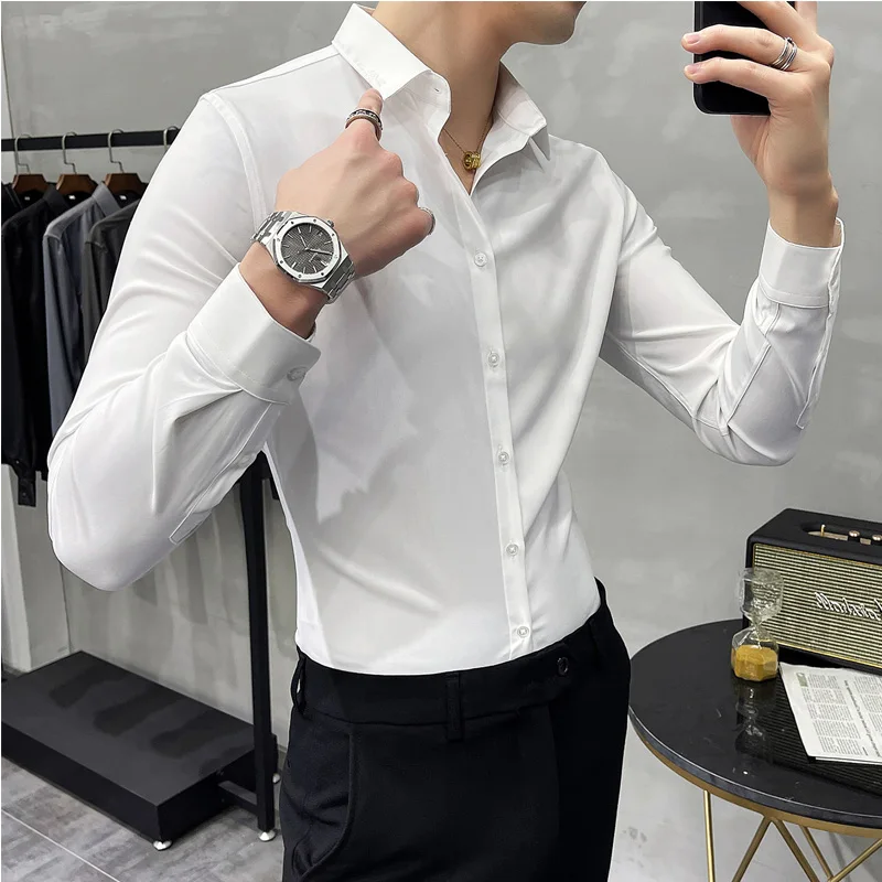 

Men Turn-Down Collar Tuxedo Shirt Long Sleeve Slim Fit Button Down Wedding Dress Shirts Black White Gray 5XL 6XL 7XL