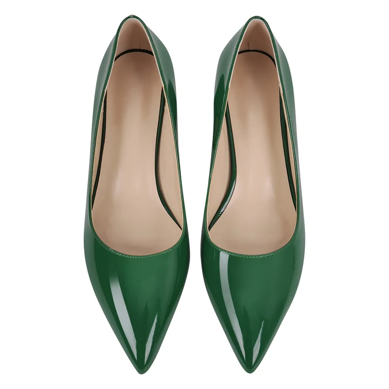 Onlymaker Women Pointed Toe Pumps Dark Green Patent Leather Block Slip On Thick Heel Elegant Chunky Heels