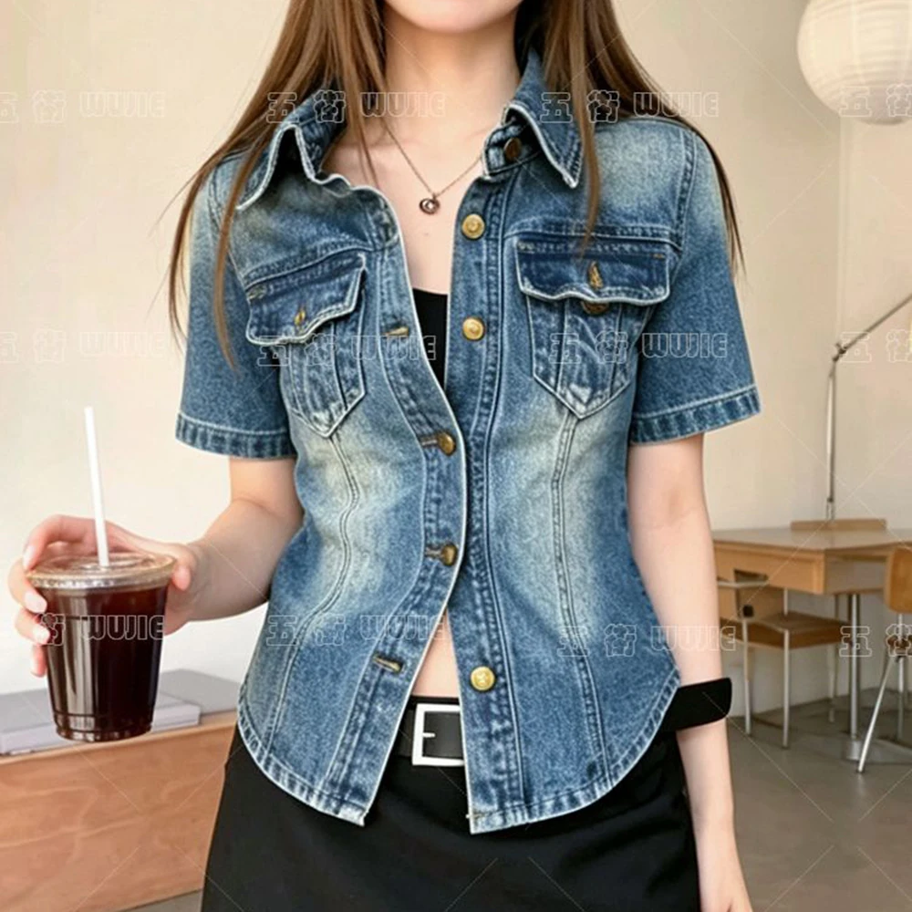French retro Polo collar short-sleeved denim jacket women's summer 2026 fashion loose single-breasted temperament top