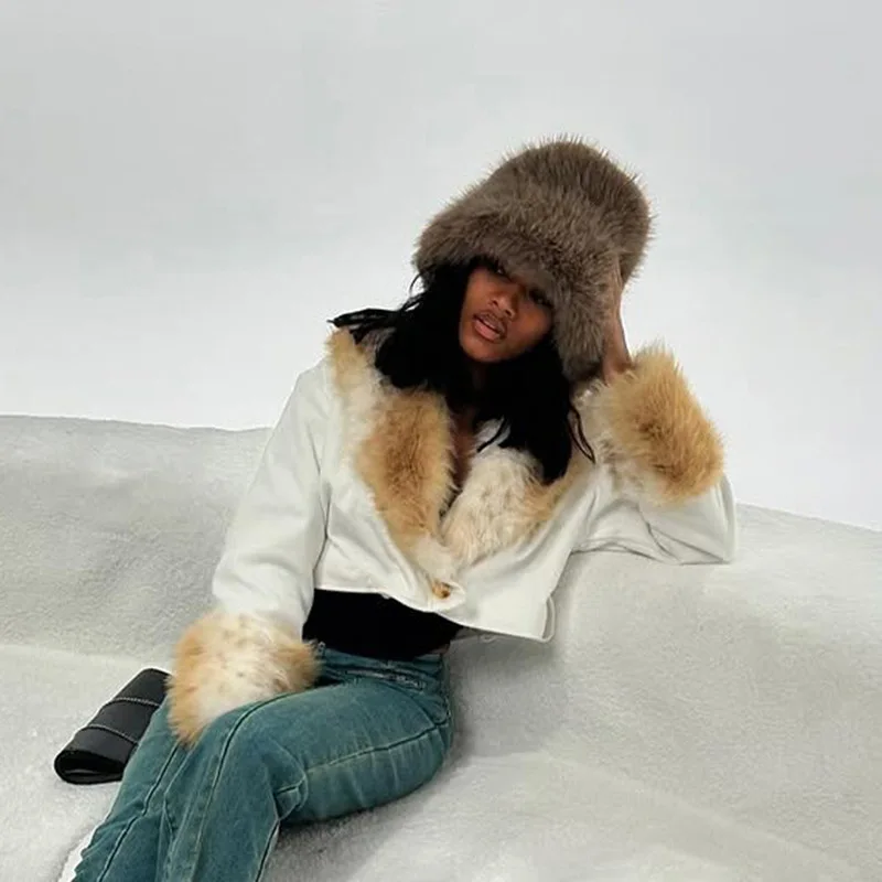 Women Big Fur Collar Hooded Cropped Jackets Fluffy Cover Up Sleeve Button Lace-up Jackets Femme Outerwear Plush Coats & Jackets