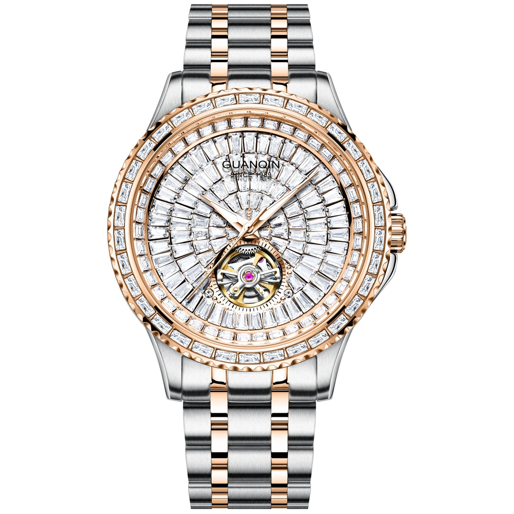 Men's Luxury Gold Plated Automatic Watch Skeleton Dial with Diamonds Luminous Hands Mechanical Wristwatch for Men Gift