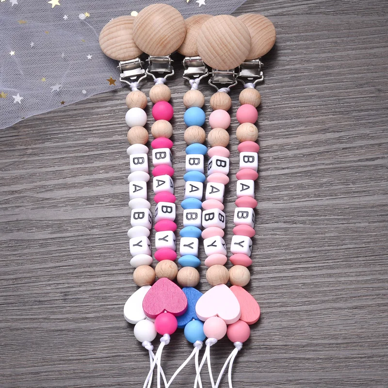 Baby Beech Wood Pacifier Clip Personalized Name Silicone Beads Nipple Chain Anti-Drop Teether Teething Chain Nursing Shower Toy