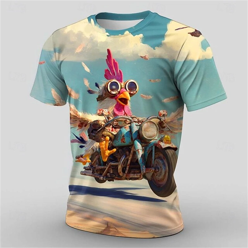 New Summer Men's Rooster Print T-Shirt Men's Fashionable Casual Fun Street Style Short Sleeve Breathable Loose-Fit Crew Neck Top