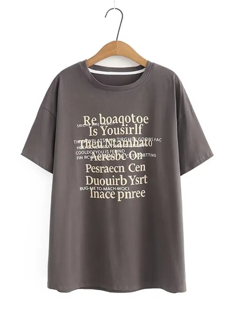 T-shirt à manches courtes pour femmes, grande taille, monogramme imprimé sur le devant, col rond, couleur unie, haut d'été