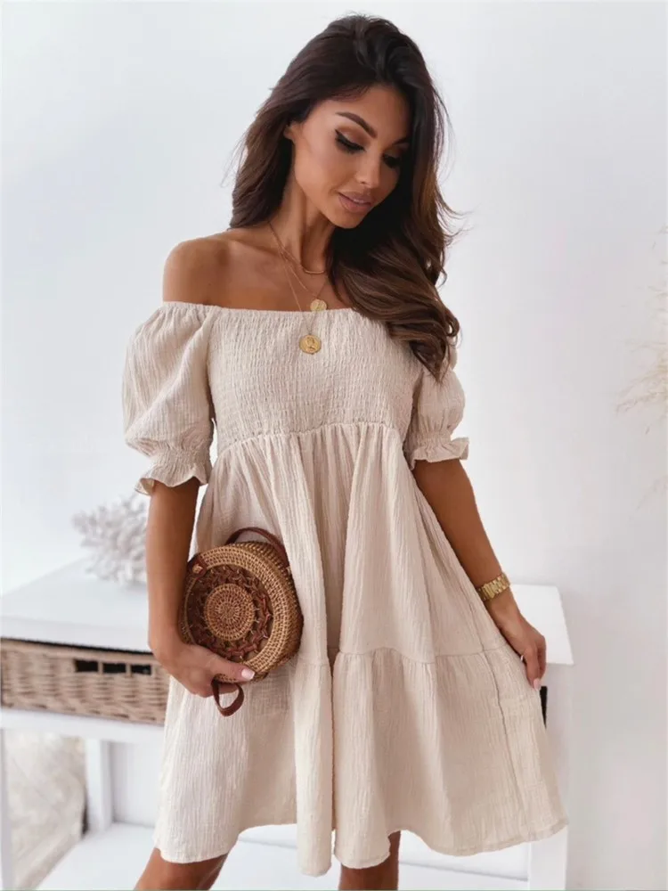 Summer One-piece Collar Short Sleeve Backless Mini Dress Women Fashionable New Solid Color Elegant Beach Vacation Dresses Female